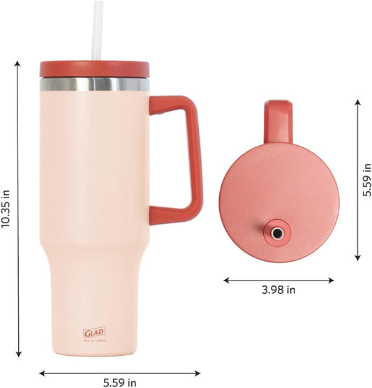 Glad Pioneer Stainless Steel Tumbler with Lid and Straw - Double Walled Insulated Cup with Handle - Leak Resistant & Cup Holder Compatible, Drinks Stay Cold All Day, 40oz, Rust