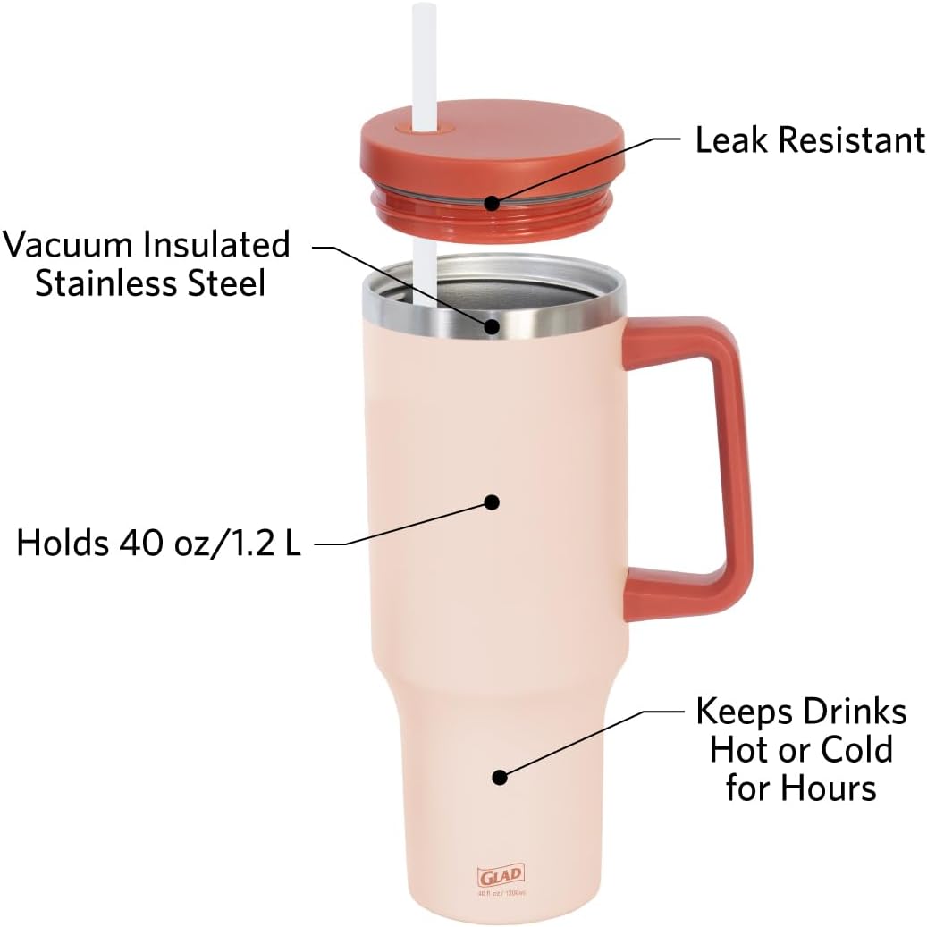 Glad Pioneer Stainless Steel Tumbler with Lid and Straw - Double Walled Insulated Cup with Handle - Leak Resistant & Cup Holder Compatible, Drinks Stay Cold All Day, 40oz, Rust