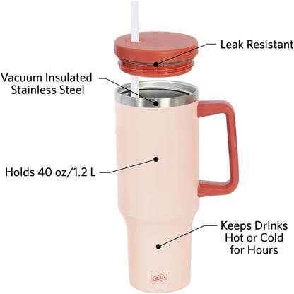 Glad Pioneer Stainless Steel Tumbler with Lid and Straw - Double Walled Insulated Cup with Handle - Leak Resistant & Cup Holder Compatible, Drinks Stay Cold All Day, 40oz, Rust
