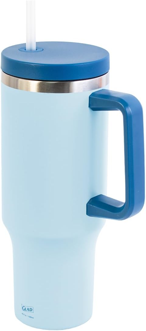 Glad Pioneer Stainless Steel Tumbler with Lid and Straw - Double Walled Insulated Cup with Handle - Leak Resistant & Cup Holder Compatible, Drinks Stay Cold All Day, 40oz, Rust