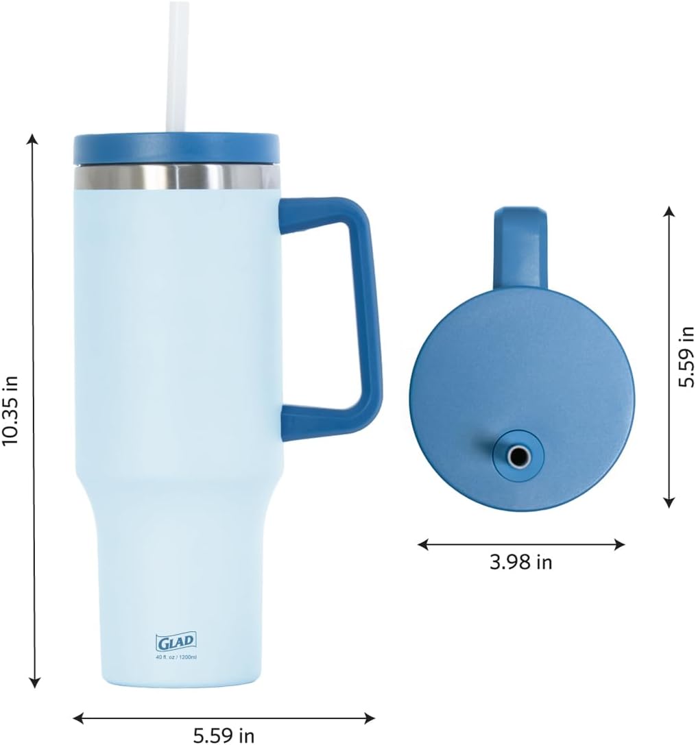 Glad Pioneer Stainless Steel Tumbler with Lid and Straw - Double Walled Insulated Cup with Handle - Leak Resistant & Cup Holder Compatible, Drinks Stay Cold All Day, 40oz, Rust