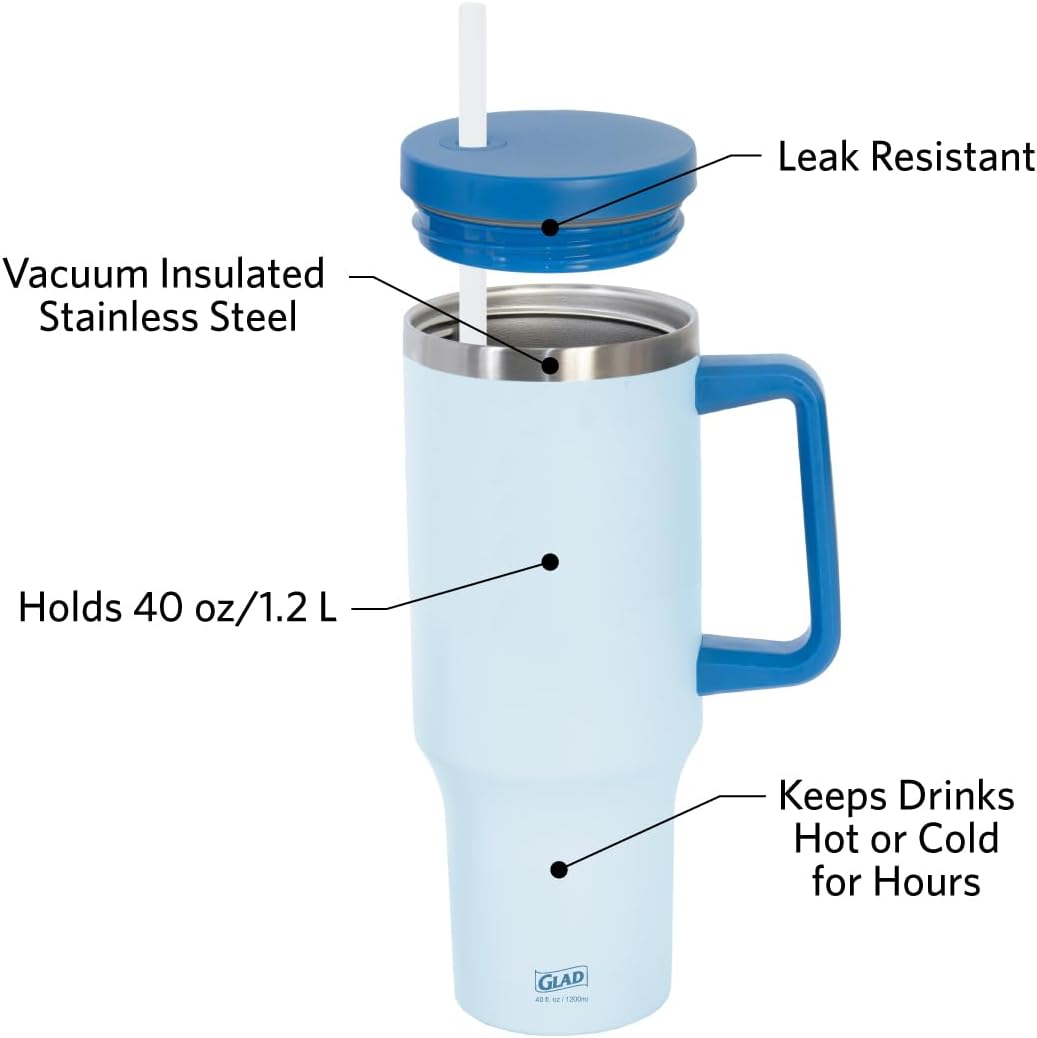 Glad Pioneer Stainless Steel Tumbler with Lid and Straw - Double Walled Insulated Cup with Handle - Leak Resistant & Cup Holder Compatible, Drinks Stay Cold All Day, 40oz, Rust