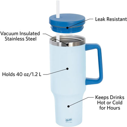 Glad Pioneer Stainless Steel Tumbler with Lid and Straw - Double Walled Insulated Cup with Handle - Leak Resistant & Cup Holder Compatible, Drinks Stay Cold All Day, 40oz, Rust