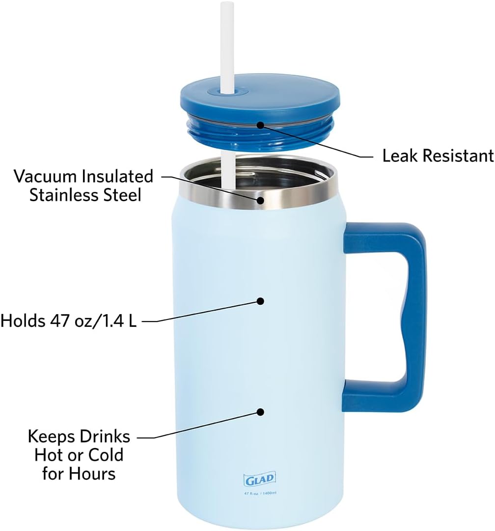 Glad Pioneer Stainless Steel Tumbler with Lid and Straw - Double Walled Insulated Cup with Handle - Leak Resistant & Cup Holder Compatible, Drinks Stay Cold All Day, 40oz, Rust