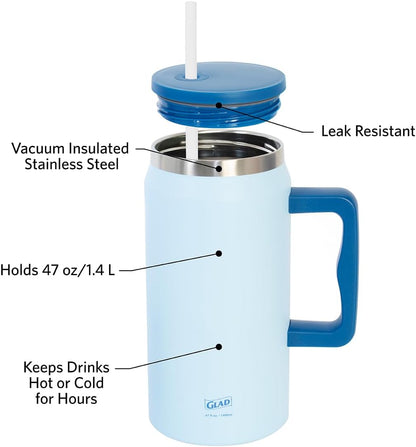 Glad Pioneer Stainless Steel Tumbler with Lid and Straw - Double Walled Insulated Cup with Handle - Leak Resistant & Cup Holder Compatible, Drinks Stay Cold All Day, 40oz, Rust