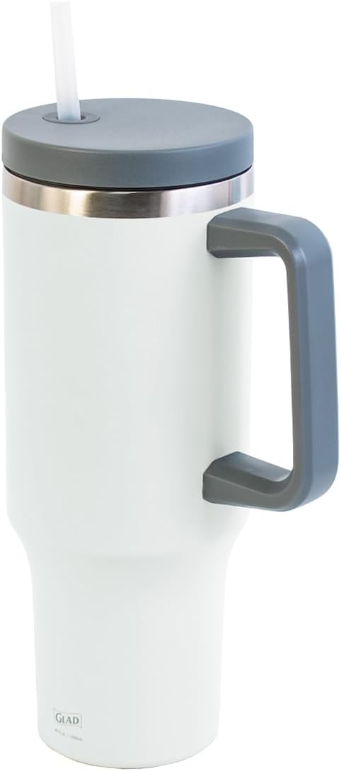 Glad Pioneer Stainless Steel Tumbler with Lid and Straw - Double Walled Insulated Cup with Handle - Leak Resistant & Cup Holder Compatible, Drinks Stay Cold All Day, 40oz, Rust