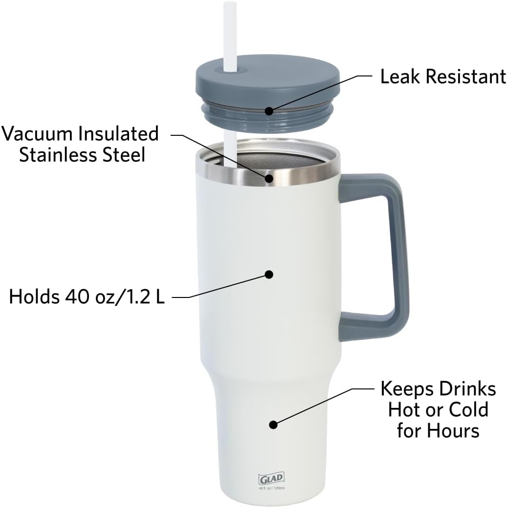 Glad Pioneer Stainless Steel Tumbler with Lid and Straw - Double Walled Insulated Cup with Handle - Leak Resistant & Cup Holder Compatible, Drinks Stay Cold All Day, 40oz, Rust