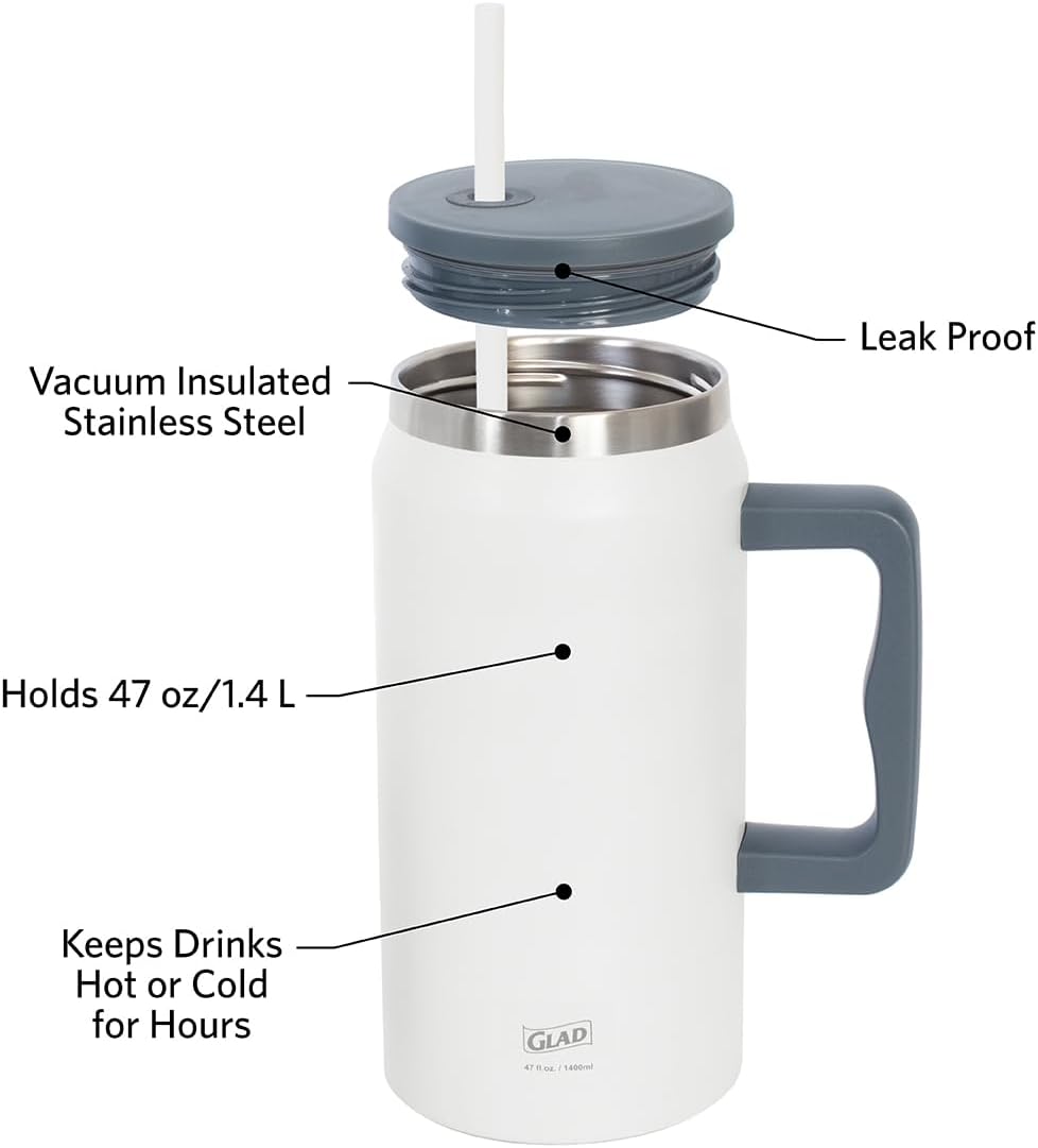 Glad Pioneer Stainless Steel Tumbler with Lid and Straw - Double Walled Insulated Cup with Handle - Leak Resistant & Cup Holder Compatible, Drinks Stay Cold All Day, 40oz, Rust