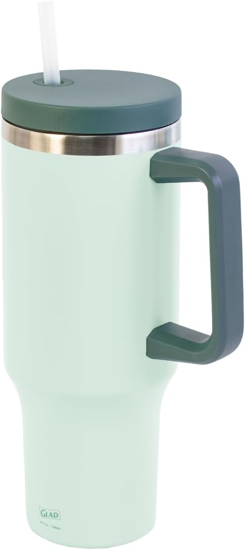 Glad Pioneer Stainless Steel Tumbler with Lid and Straw - Double Walled Insulated Cup with Handle - Leak Resistant & Cup Holder Compatible, Drinks Stay Cold All Day, 40oz, Rust