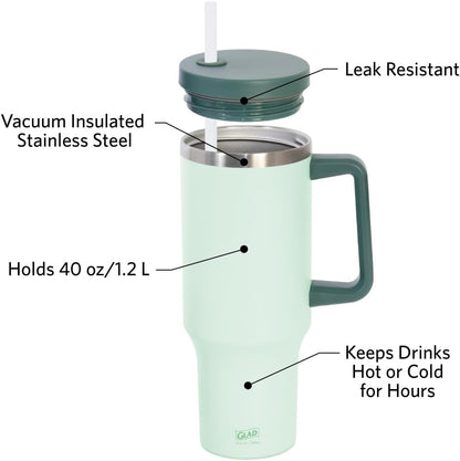 Glad Pioneer Stainless Steel Tumbler with Lid and Straw - Double Walled Insulated Cup with Handle - Leak Resistant & Cup Holder Compatible, Drinks Stay Cold All Day, 40oz, Rust