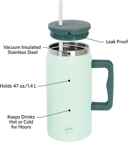 Glad Pioneer Stainless Steel Tumbler with Lid and Straw - Double Walled Insulated Cup with Handle - Leak Resistant & Cup Holder Compatible, Drinks Stay Cold All Day, 40oz, Rust