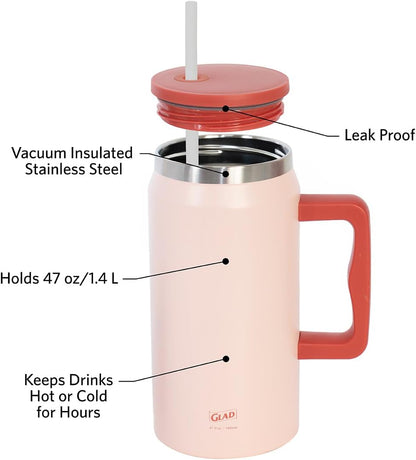 Glad Pioneer Stainless Steel Tumbler with Lid and Straw - Double Walled Insulated Cup with Handle - Leak Resistant & Cup Holder Compatible, Drinks Stay Cold All Day, 40oz, Rust