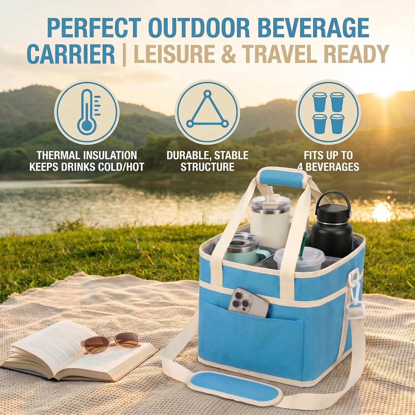 Drink Carrier Bag 4-Compartment Insulated Caddy Tote with Handle & Strap | No-tip base, splash-proof lining, holds 4 cups. Perfect for family trips & sports.