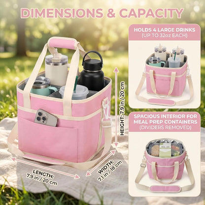 Drink Carrier Bag 4-Compartment Insulated Caddy Tote with Handle & Strap | No-tip base, splash-proof lining, holds 4 cups. Perfect for family trips & sports.