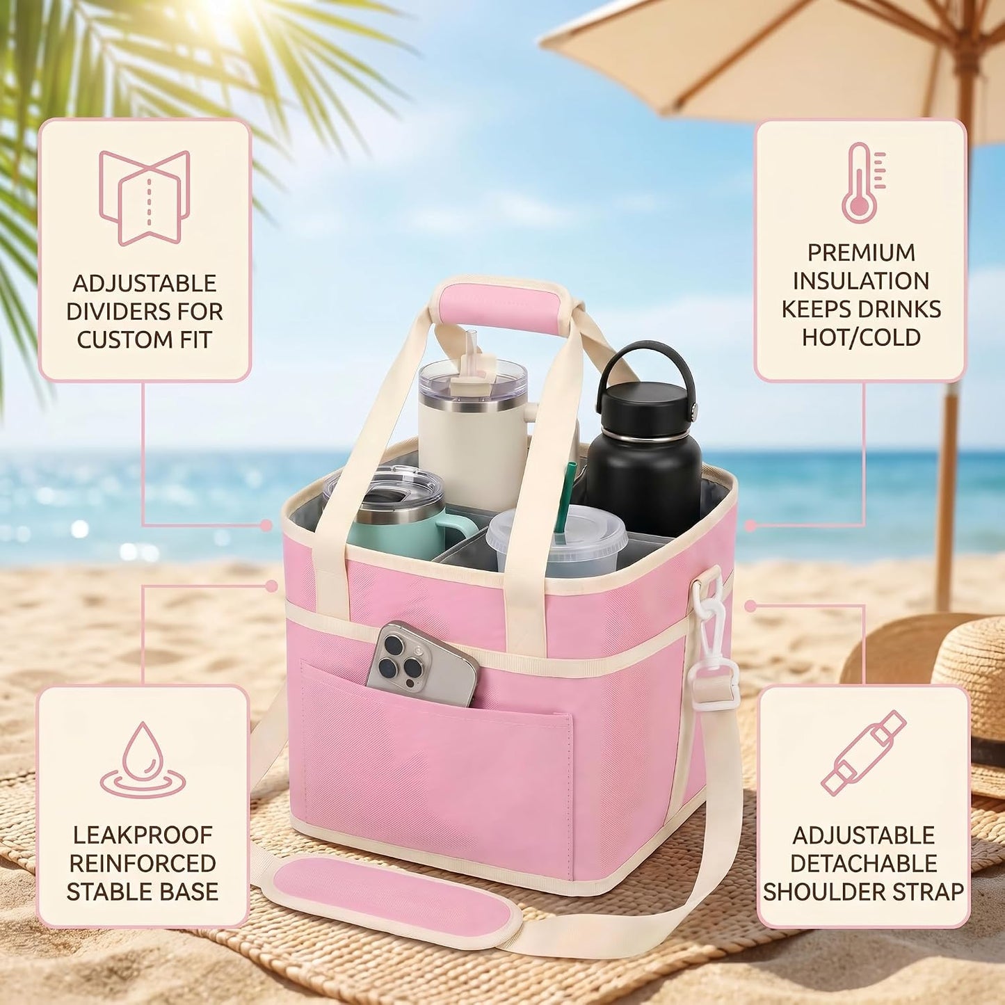 Drink Carrier Bag 4-Compartment Insulated Caddy Tote with Handle & Strap | No-tip base, splash-proof lining, holds 4 cups. Perfect for family trips & sports.