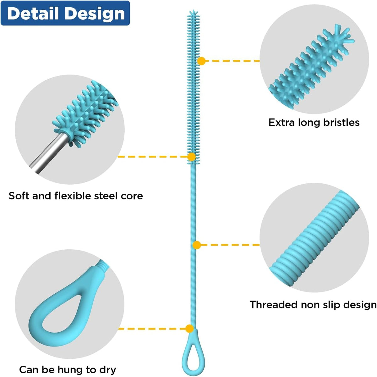 Silicone Straw Cleaner Brush, 2Pcs Reusable Straw Brush, Blue