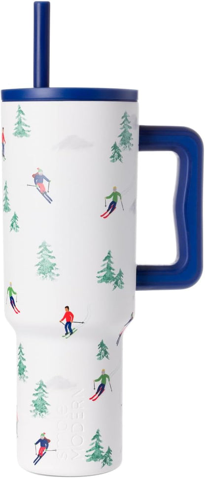 40oz Leak-Proof Ceramic Lined Tumbler with Handle | Skiing | Trek Signature Insulated Water Bottle with Straw Lid | Cupholder Friendly Tumbler with Silicone Base | Downhill Skiing