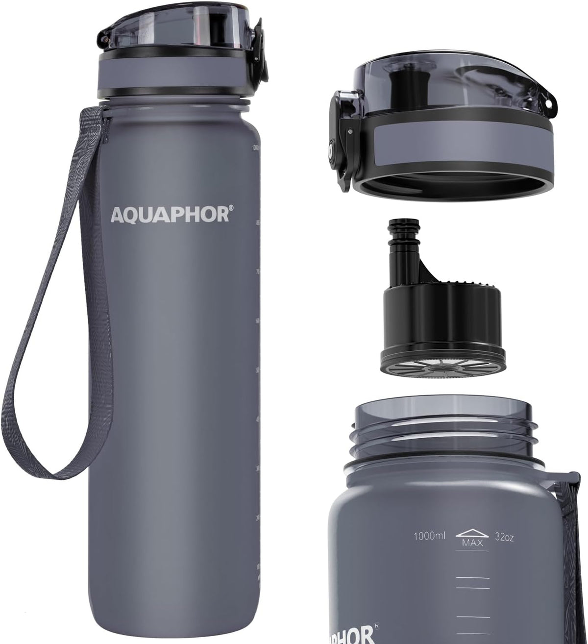 Filtered Water Bottle, Leakproof, BPA-Free, Motivational Markings, Travel, Everyday Use. 40-Gallon Filter, Replaces 300 Plastic Water Bottles. Includes 1 Filter, 22 FL Oz, Grey by Aquaphor