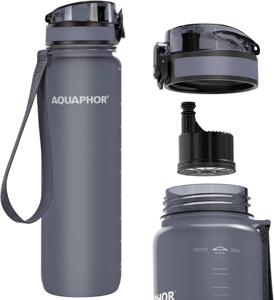 Filtered Water Bottle, Leakproof, BPA-Free, Motivational Markings, Travel, Everyday Use. 40-Gallon Filter, Replaces 300 Plastic Water Bottles. Includes 1 Filter, 22 FL Oz, Grey by Aquaphor