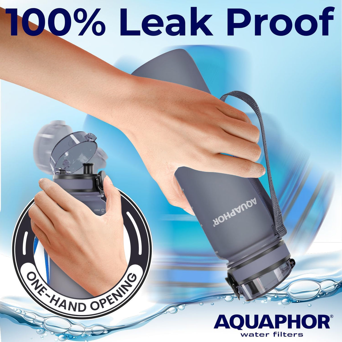 Filtered Water Bottle, Leakproof, BPA-Free, Motivational Markings, Travel, Everyday Use. 40-Gallon Filter, Replaces 300 Plastic Water Bottles. Includes 1 Filter, 22 FL Oz, Grey by Aquaphor