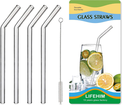 Reusable Borosilicate Glass Straws for 16 oz Tumblers, 9 Inch x 8mm Bent