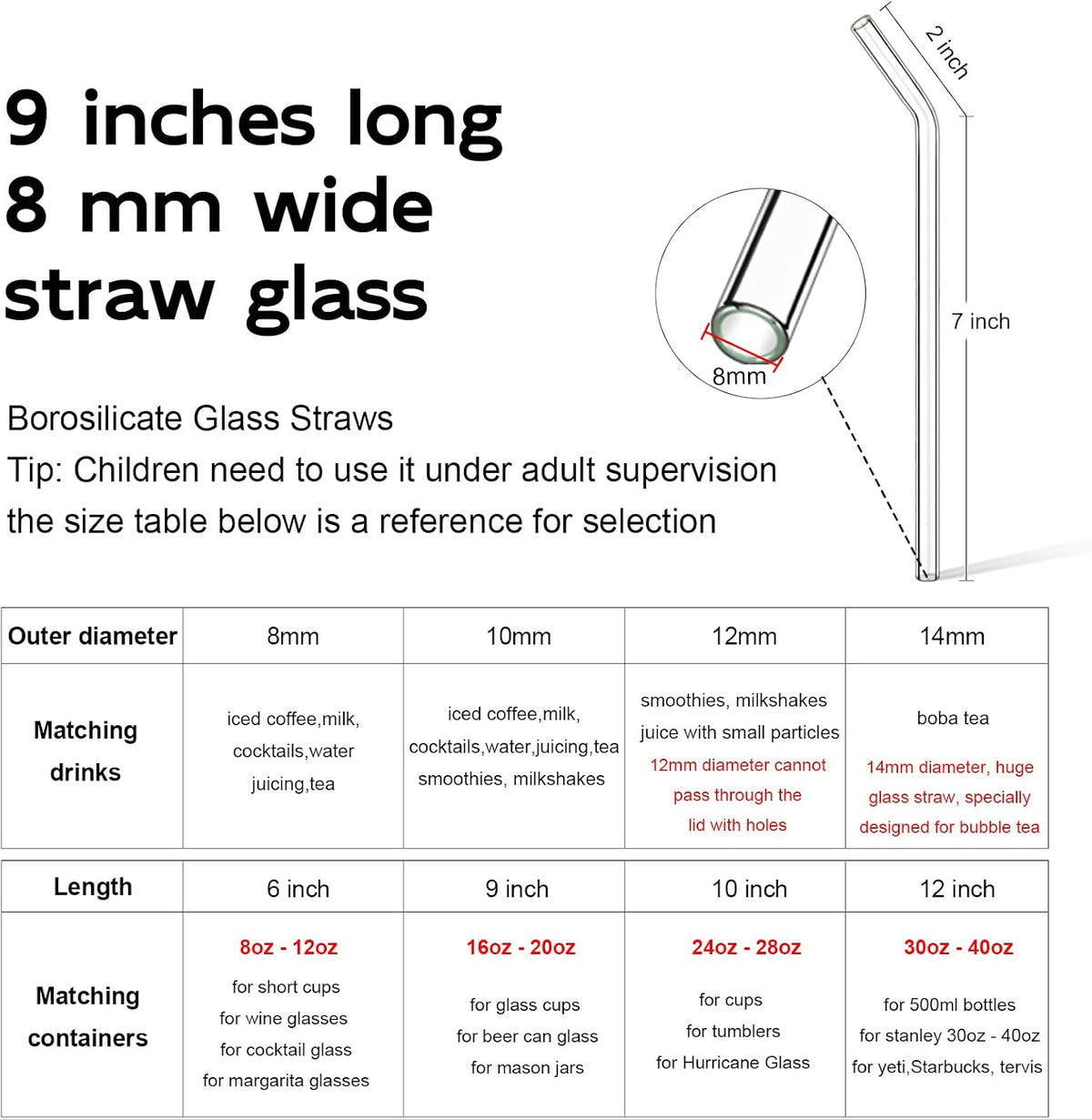 Reusable Borosilicate Glass Straws for 16 oz Tumblers, 9 Inch x 8mm Bent