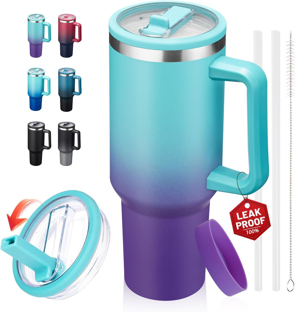 40 oz Tumbler with Flip Straw & Handle, Stainless Steel Water Bottle | Leak-Proof, Cold 34H Hot 10H, Insulated Travel Coffee Cup, Fits Car Cup Holder, Dishwasher Safe, Mug For Men, Durable Mug