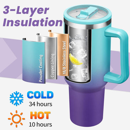 40 oz Tumbler with Flip Straw & Handle, Stainless Steel Water Bottle | Leak-Proof, Cold 34H Hot 10H, Insulated Travel Coffee Cup, Fits Car Cup Holder, Dishwasher Safe, Mug For Men, Durable Mug