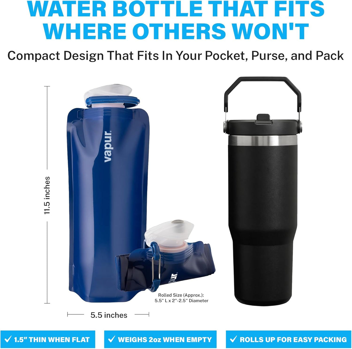 Collapsible Water Bottle with Carabiner, 34oz (1L), Night Blue