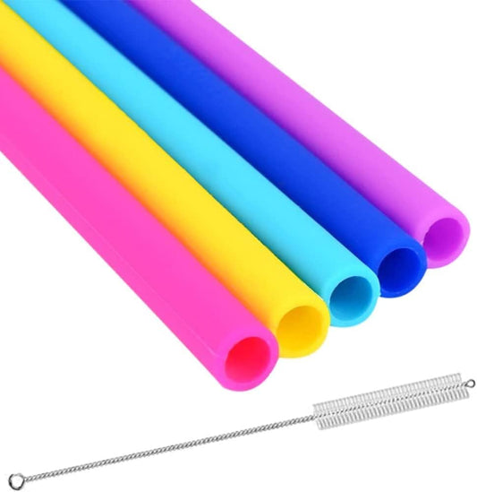 Wide Reusable Silicone Straws 10" Long Set of 5 | Free Cleaning Brush