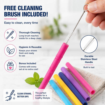 Wide Reusable Silicone Straws 10" Long Set of 5 | Free Cleaning Brush