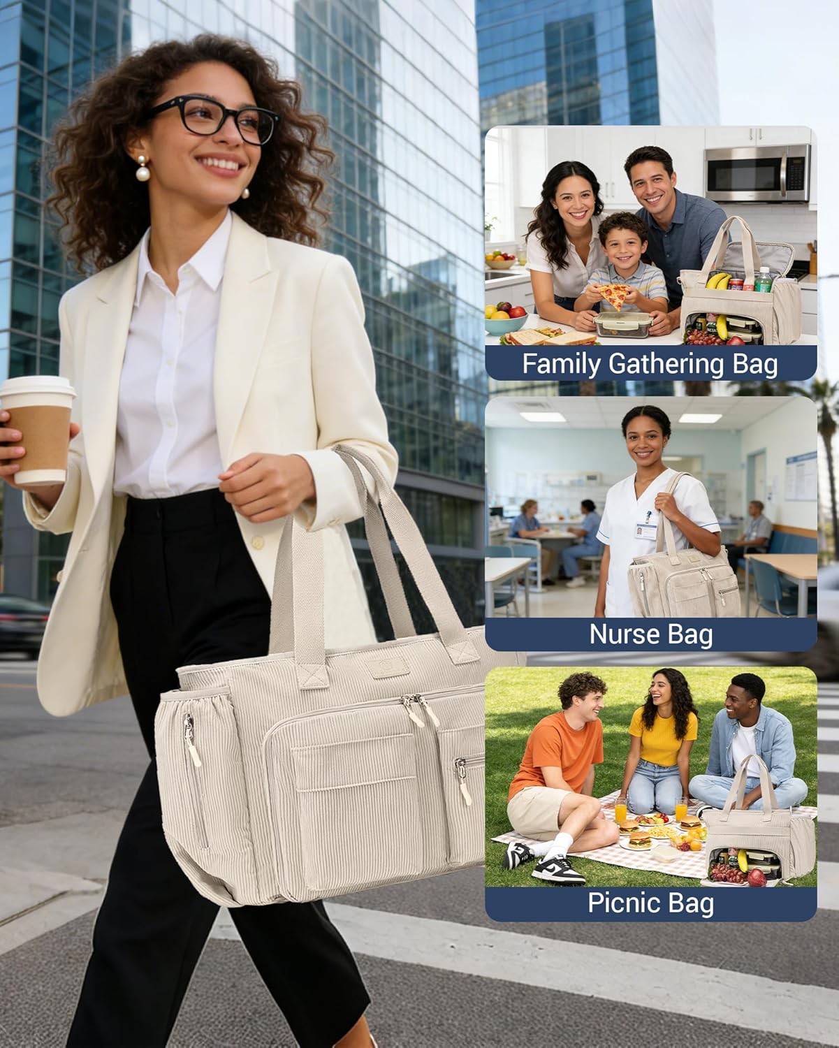 Corduroy Tote Bag for Women with Insulated Lunch Bag Compartment, 12 Pockets Large Work Bag, 15.6 inch Laptop Shoulder Bag