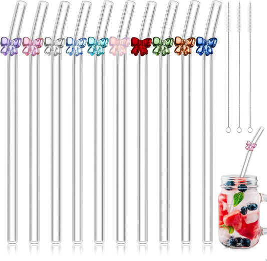 10 Pcs Cute Glass Straws with Design, Bow, Mixed Color
