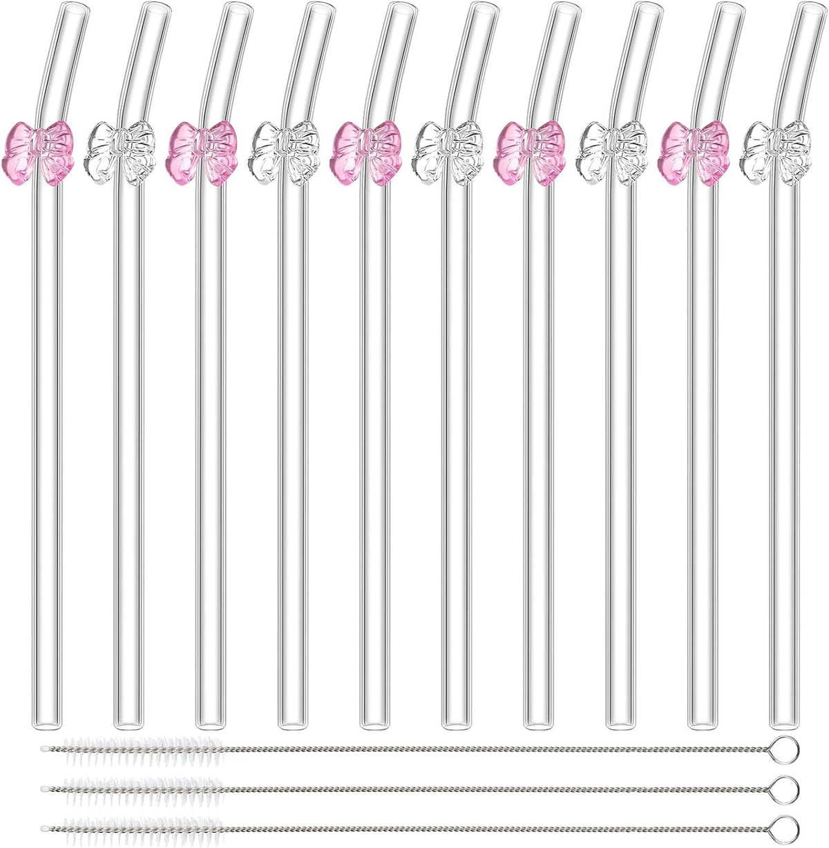 10 Pcs Cute Glass Straws with Design, Bow, Mixed Color