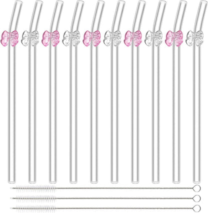 10 Pcs Cute Glass Straws with Design, Bow, Mixed Color