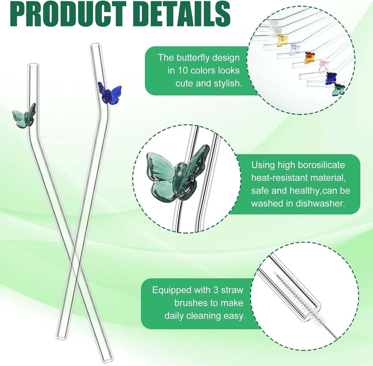 10 Pcs Cute Glass Straws with Design, Bow, Mixed Color