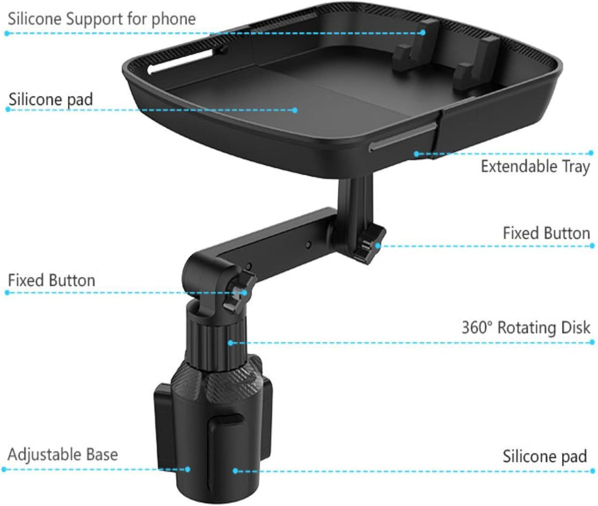 Kelofam Larger Cup Holder Tray, 10 inch Car Food Tray for Eating, Detachable 3 in 1 Car Cup Holder Expander and 360° Rotating Car Cup Holder Tray Table with Phone Holder, Road Trip Essentials