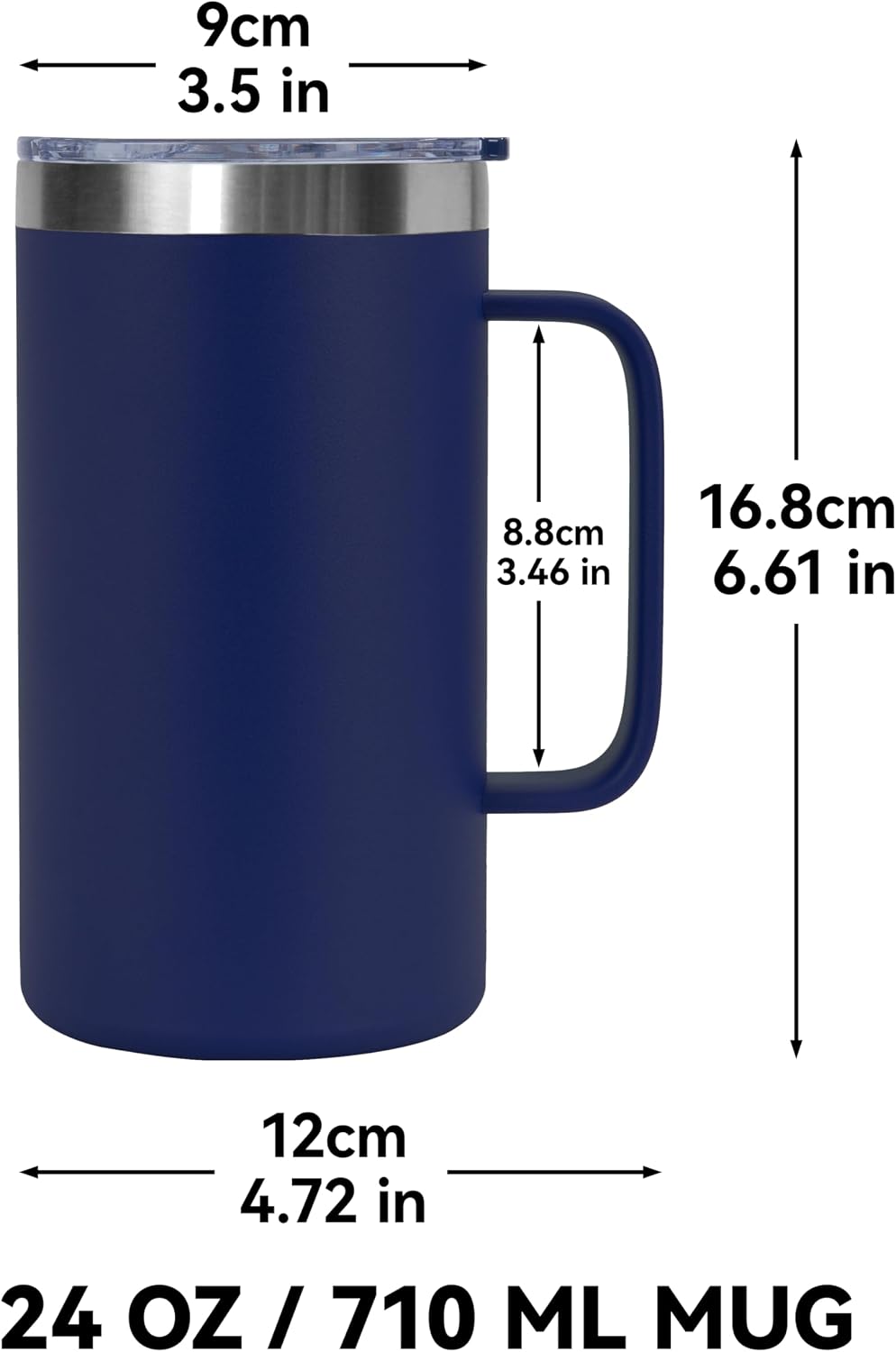 DOMICARE 24oz Mug with Handle and Lid, Stainless Steel Coffee Mug, Reusable Insulated Cup, Travel Mug with Handle, Double Wall Vacuum Coffee Tumbler for Men and Women, Black, Pack 1