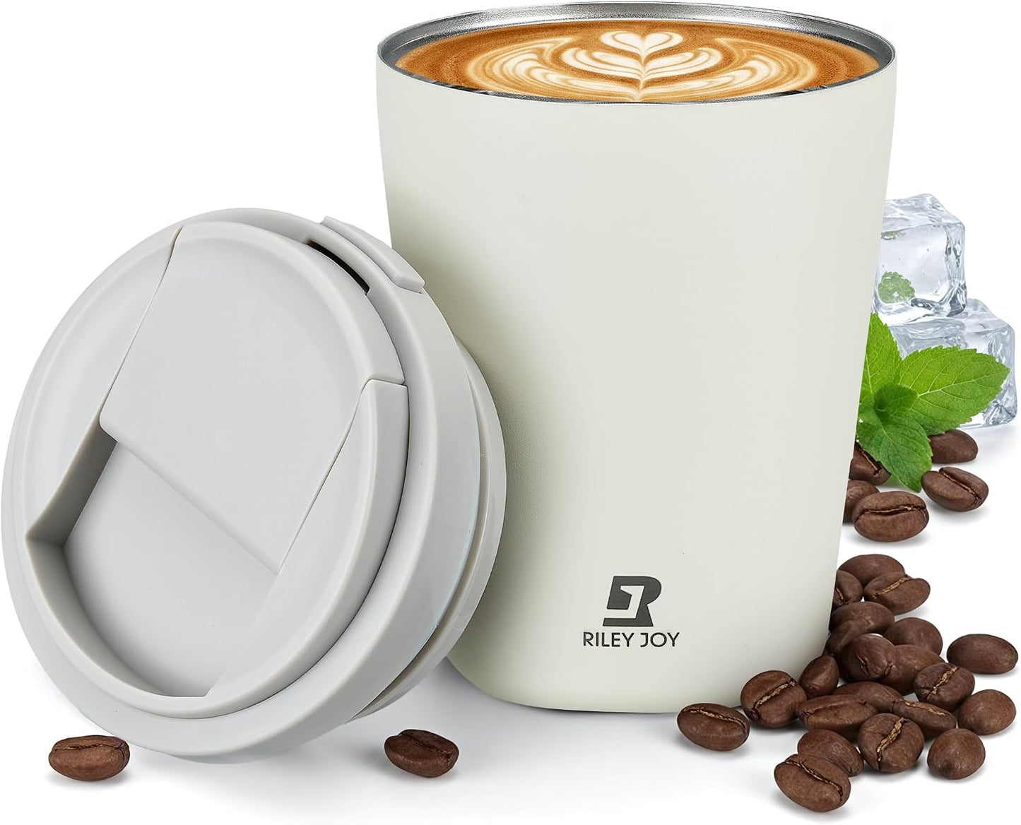 12oz Insulated Travel Coffee Mug, Hot & Iced Coffee Cups with Lids, White | 100% Leak Proof, Stainless Steel Vacuum Insulated, Cup holder Friendly, One-Touch Open, To Go, Reusable, Coffee Tumbler
