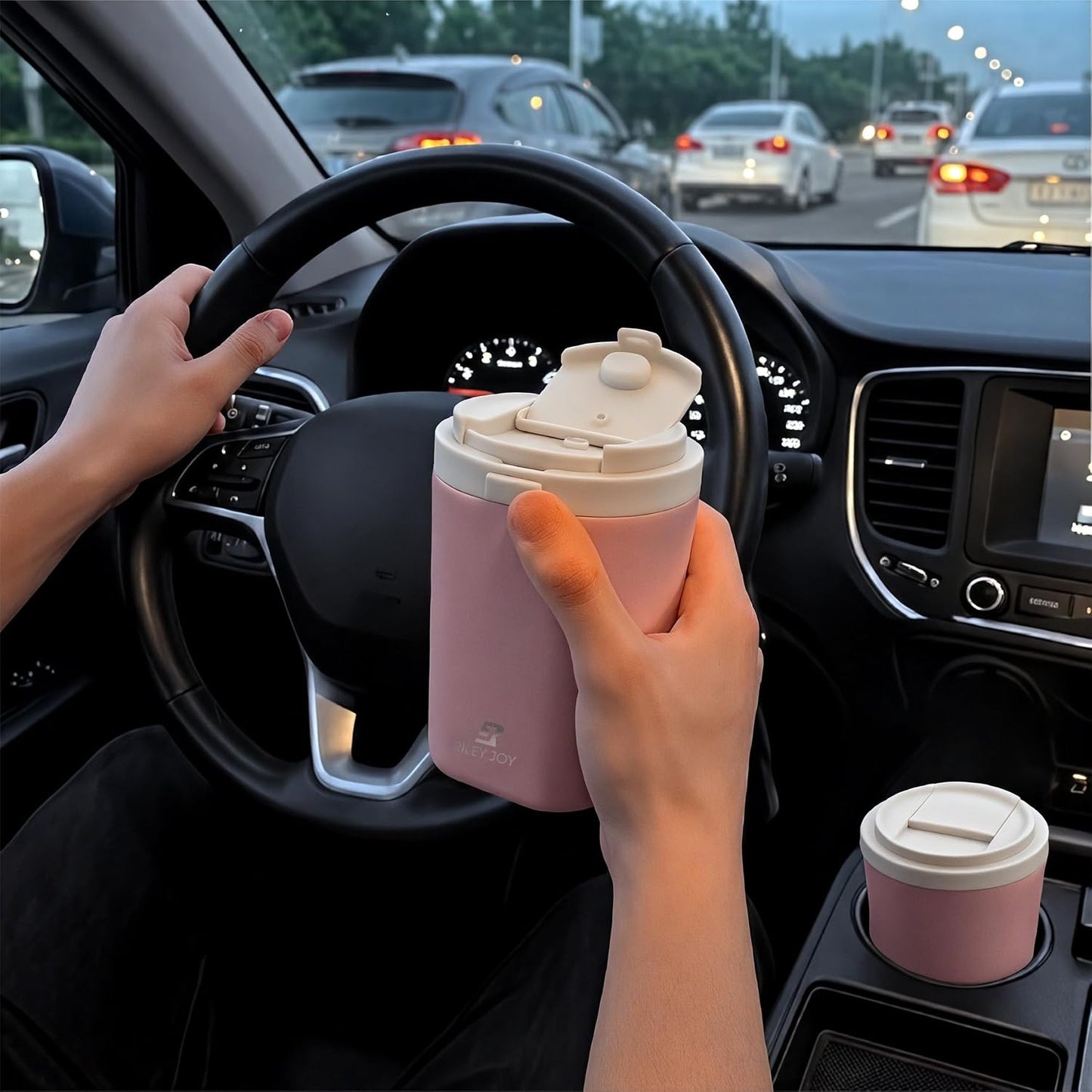 12oz Insulated Travel Coffee Mug, Hot & Iced Coffee Cups with Lids, White | 100% Leak Proof, Stainless Steel Vacuum Insulated, Cup holder Friendly, One-Touch Open, To Go, Reusable, Coffee Tumbler