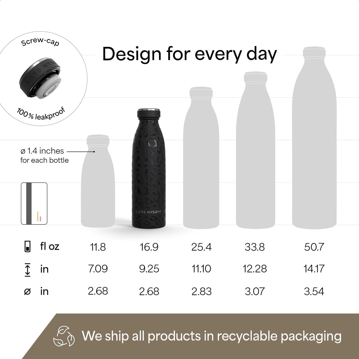 LARS NYSØM Stainless Steel Insulated Water Bottle 12oz 17oz 25oz 34oz 51oz | Insulated Thermo Flask for Hot and Cold Beverages | Leakproof Drinking Bottle (Pine Green, 17oz)