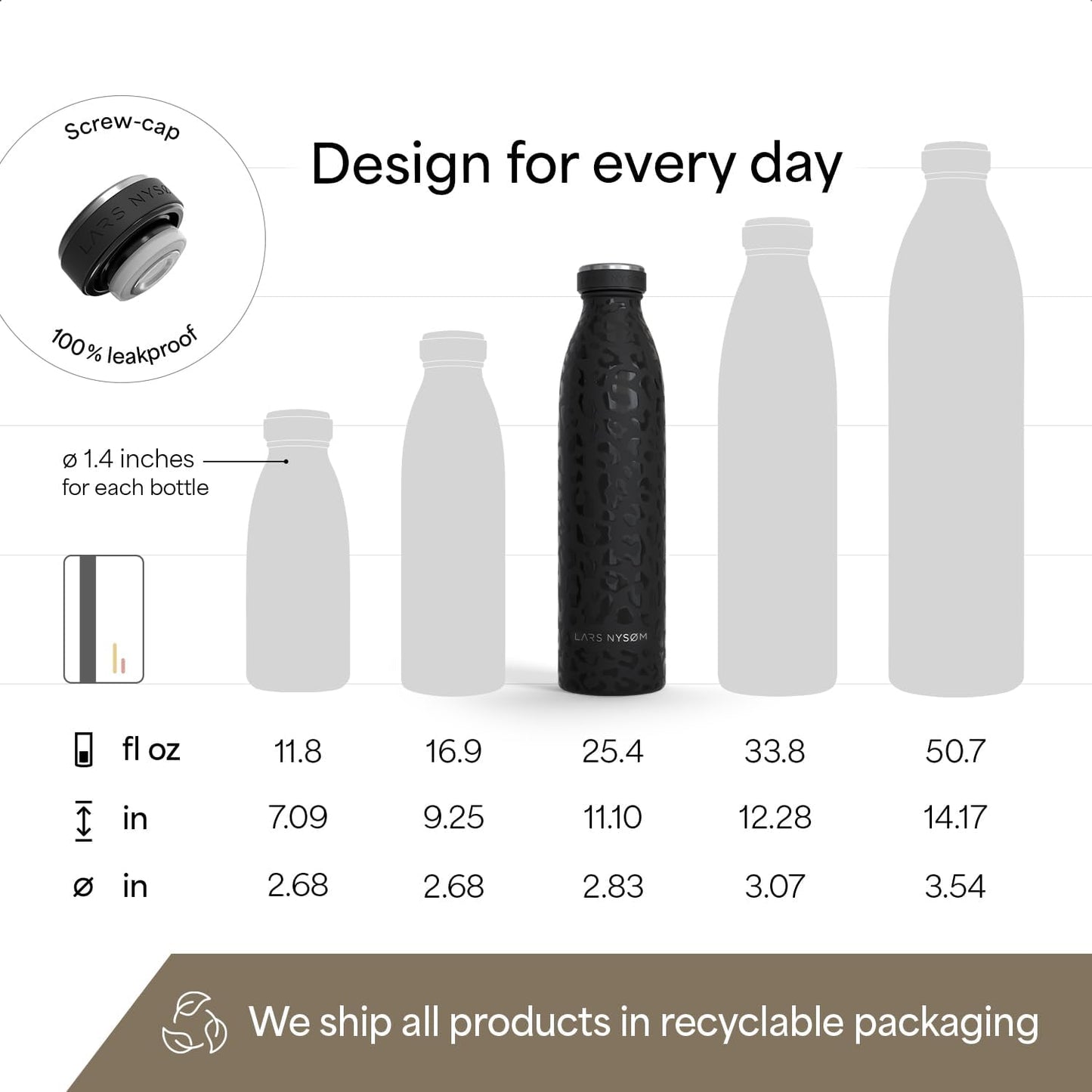 LARS NYSØM Stainless Steel Insulated Water Bottle 12oz 17oz 25oz 34oz 51oz | Insulated Thermo Flask for Hot and Cold Beverages | Leakproof Drinking Bottle (Pine Green, 17oz)