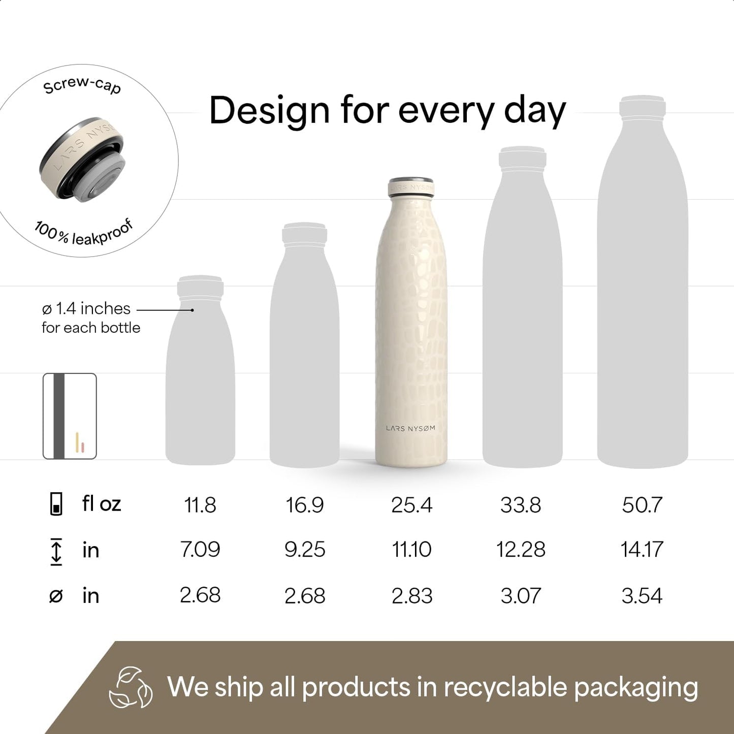 LARS NYSØM Stainless Steel Insulated Water Bottle 12oz 17oz 25oz 34oz 51oz | Insulated Thermo Flask for Hot and Cold Beverages | Leakproof Drinking Bottle (Pine Green, 17oz)