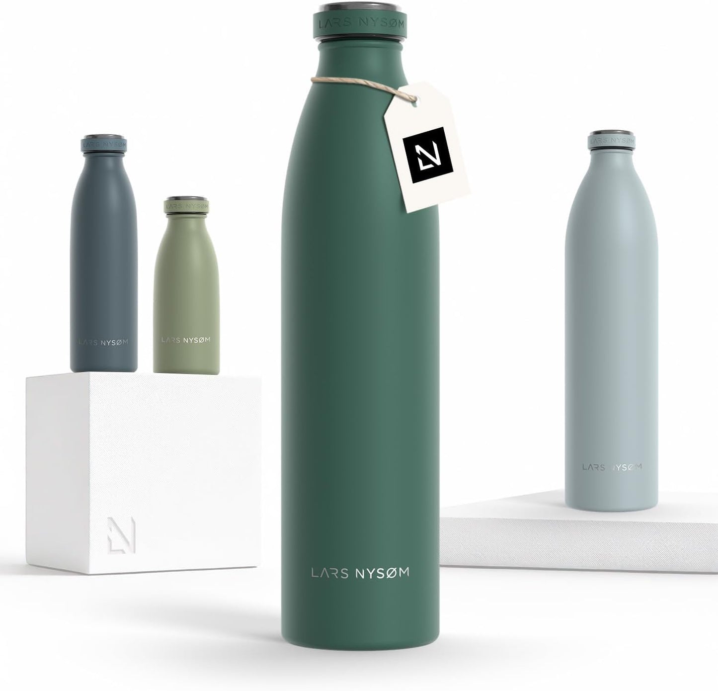 LARS NYSØM Stainless Steel Insulated Water Bottle 12oz 17oz 25oz 34oz 51oz | Insulated Thermo Flask for Hot and Cold Beverages | Leakproof Drinking Bottle (Pine Green, 17oz)