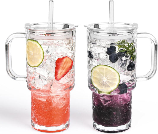 17oz Glass Tumbler with Handle & Lid – 2-Pack Iced Coffee Cups with Straws, Glass Mug for Cold & Hot Beverages Travel Cup for Smoothies, Tea, and Juice (clear-Glacial pattern-2pack)
