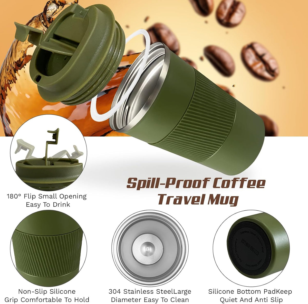 Vacuum Insulated Stainless Steel Travel Coffee Mug,Leak Proof Cup with Lid | 304 stainless steel mug with vacuum insulation, leak proof lid, silicone grip and car cup holder friendly design