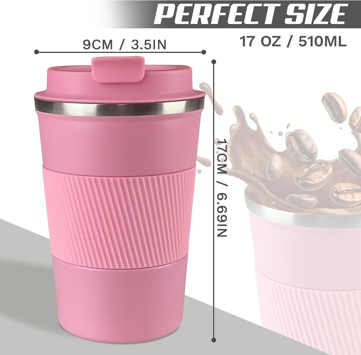 Vacuum Insulated Stainless Steel Travel Coffee Mug,Leak Proof Cup with Lid | 304 stainless steel mug with vacuum insulation, leak proof lid, silicone grip and car cup holder friendly design