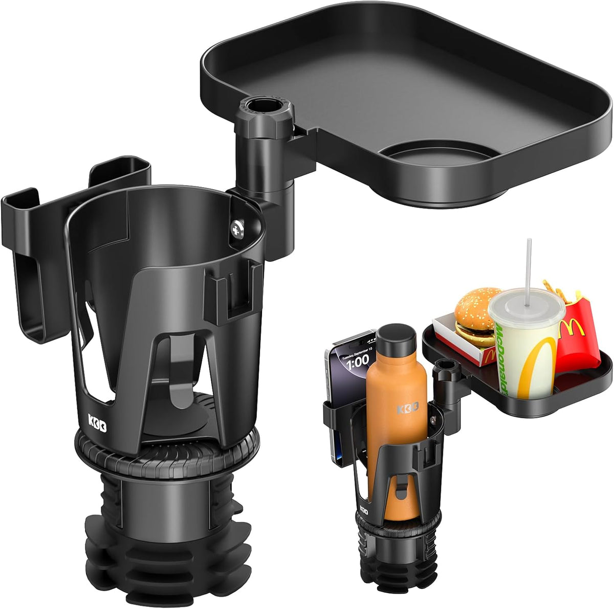Car Cup Holder Expander - 3 in 1 Cup Holder Adapter with Adjustable Base - Detachable Phone Holder & 360° Rotation Food Tray for Car - Compatible with Vehicles, Car, Road Trip Essentials