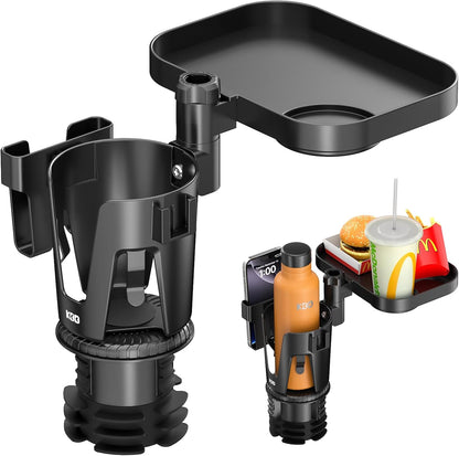 Car Cup Holder Expander - 3 in 1 Cup Holder Adapter with Adjustable Base - Detachable Phone Holder & 360° Rotation Food Tray for Car - Compatible with Vehicles, Car, Road Trip Essentials