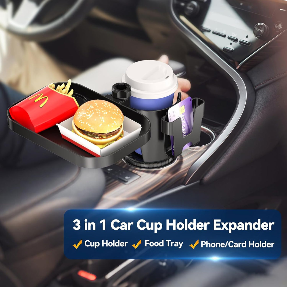 Car Cup Holder Expander - 3 in 1 Cup Holder Adapter with Adjustable Base - Detachable Phone Holder & 360° Rotation Food Tray for Car - Compatible with Vehicles, Car, Road Trip Essentials